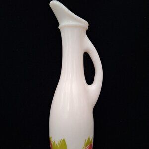 Vintage White Milk Glass Bud Pitcher Vase with Handle -Rose Bloom Floral Flower